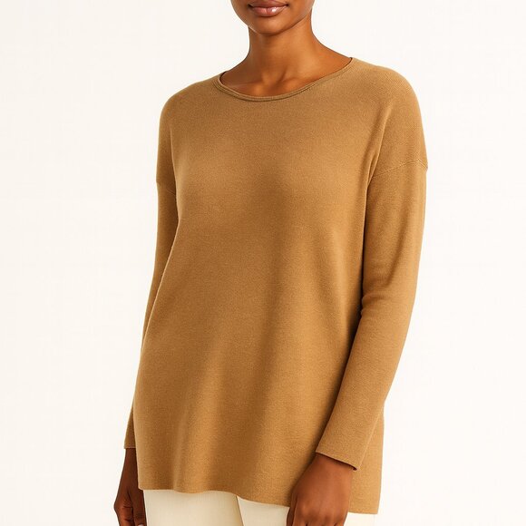 Eileen Fisher Camel Tan Merino Wool Sweater L NWT Italian Yarn Pullover Knit - Picture 1 of 9